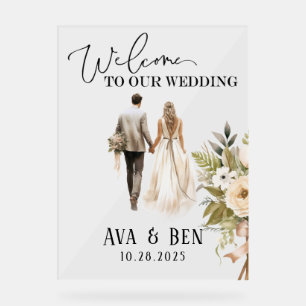 Bride and Groom Floral Wedding Welcome Sign