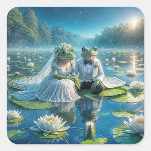Bride and Groom Frogs On Lily Pad Square Sticker