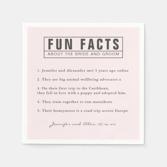 Bride and Groom Fun Facts Blush Pink Paper Napkin (Front)