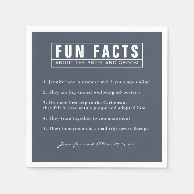 Bride and Groom Fun Facts Smoky Navy Blue Paper Napkin (Front)