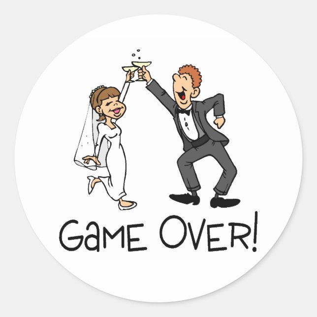 Bride and Groom Game Over Wedding Classic Round Sticker (Front)