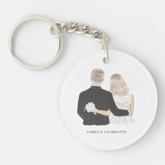 Bride and Groom Illustration Key Ring (Front)