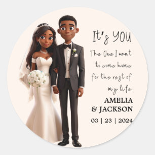 Bride and Groom Illustration with love quotes Classic Round Sticker