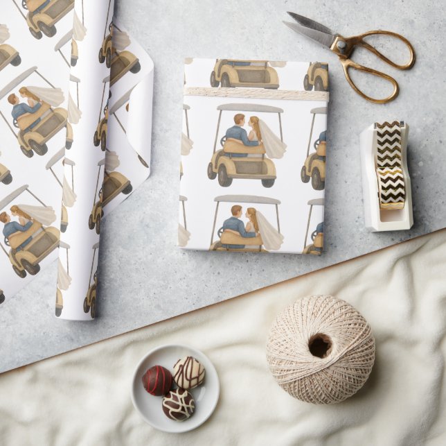 Bride and Groom in a Golf Cart Wedding Gift Wrapping Paper (Crafts)