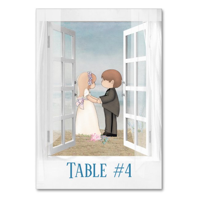 Bride and Groom in Beach Window Table Number (Front)