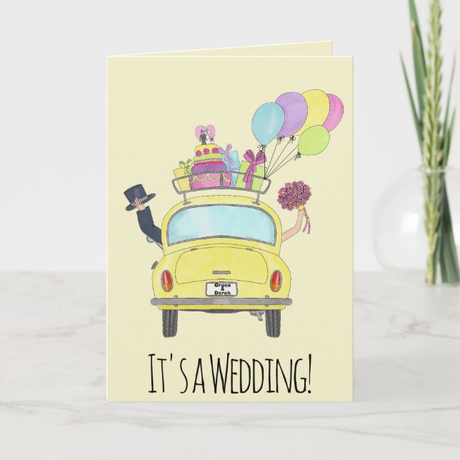Bride and Groom in Retro Car Wedding Invitation (Front)
