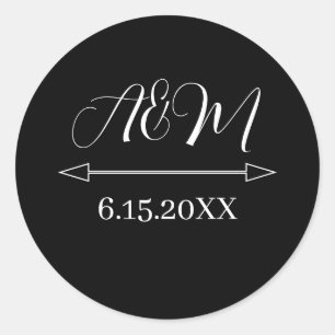 Bride and Groom Initials Wedding Date   Black  Classic Round Sticker