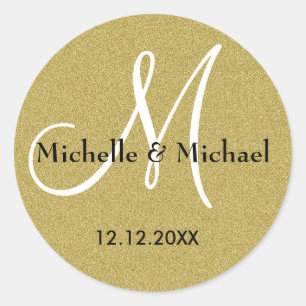 Bride And Groom Monogram Gold Glitter Classic Round Sticker