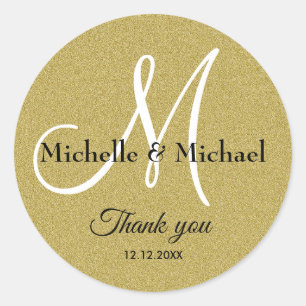 Bride And Groom Monogram Gold Glitter Thank You Classic Round Sticker