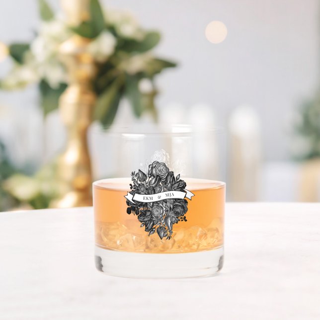 Bride and Groom Monogram Initials Black Roses Whiskey Glass (Insitu (Wedding))