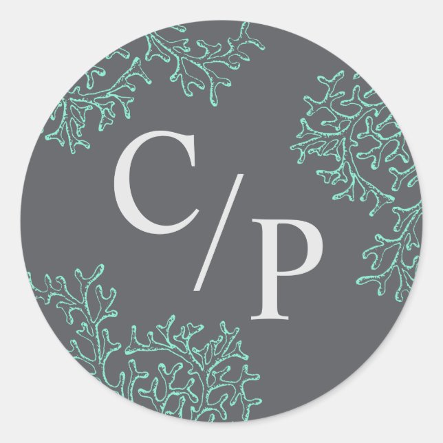 Bride and Groom Monogram Wedding with Sea Coral Classic Round Sticker (Front)