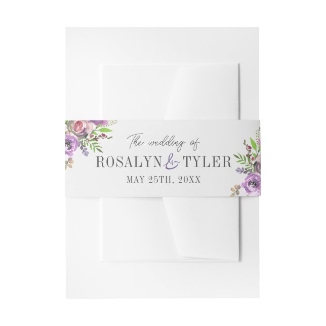Bride and Groom Names Purple Wedding Invitation Belly Band (Front Example)