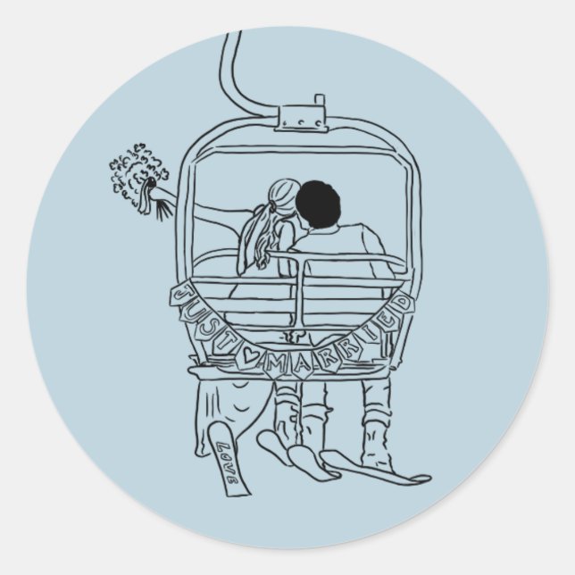 bride and groom on ski lift drawing  classic round sticker (Front)