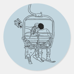 bride and groom on ski lift drawing  classic round sticker