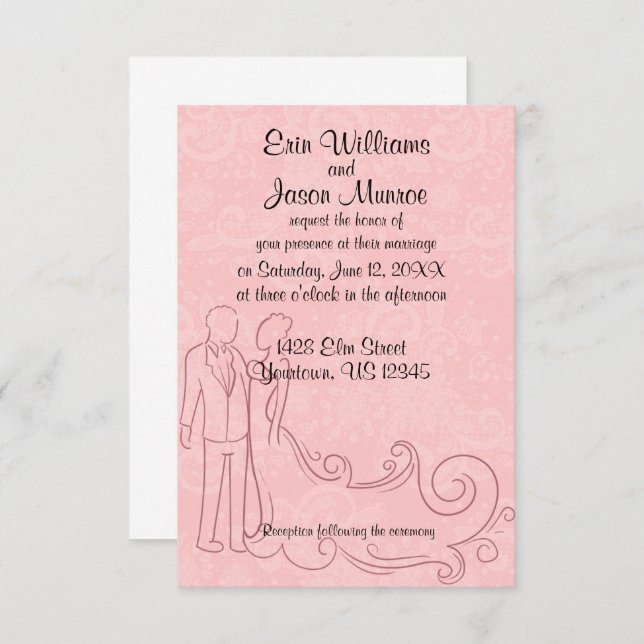 Bride and Groom Outline on Pink Lace Invitation (Front/Back)