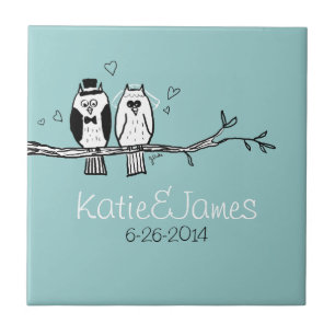 Bride and Groom Owls Wedding Ceramic Tile