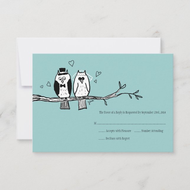 Bride and Groom Owls Wedding Invitation RSVP (Front)