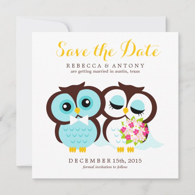 Bride and Groom Owls Wedding Save the Date (Front)