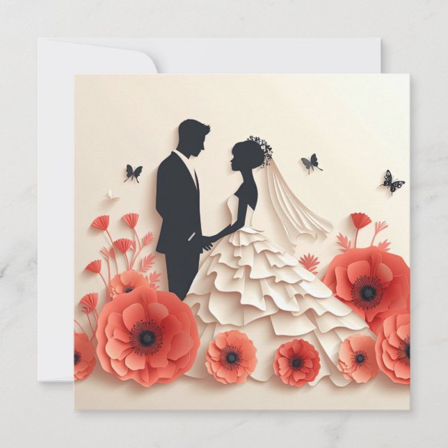 Bride and groom paper art with flowers invitation (Front)