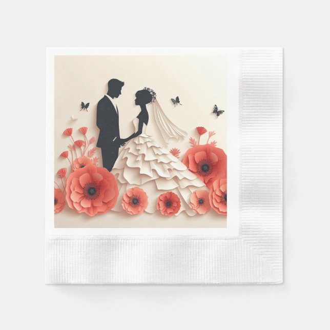Bride and groom paper art with flowers napkin (Front)