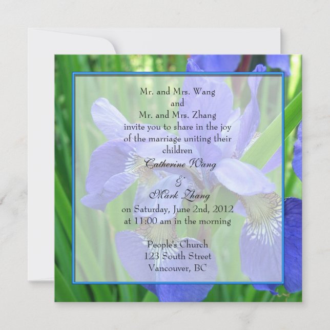 Bride and groom parents' invitation, blue iris invitation (Front)