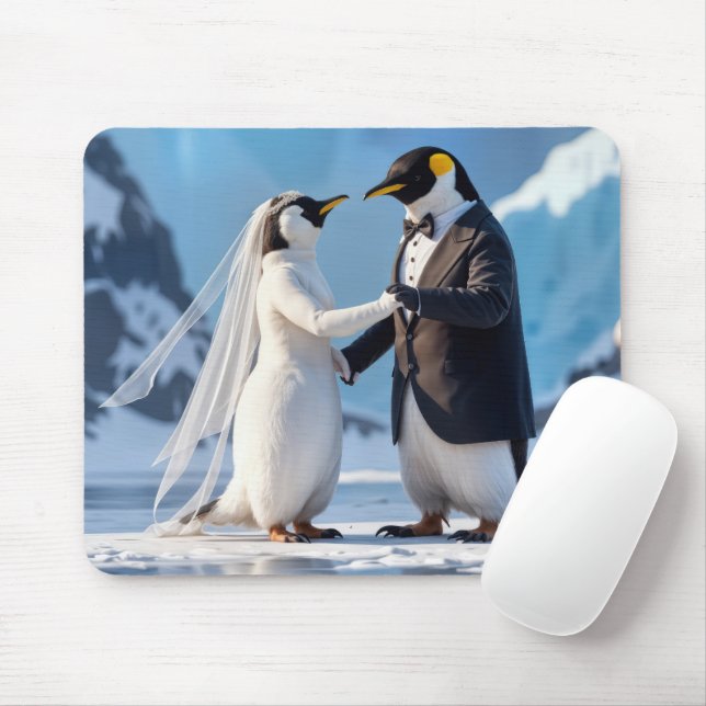 Bride and Groom Penguins On an Iceberg Mouse Pad (With Mouse)