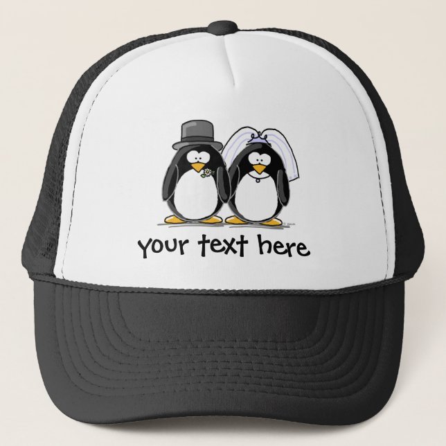 Bride and Groom Penguins with personalised text Trucker Hat (Front)