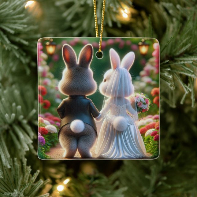 Bride and Groom Rabbits Ceramic Ornament (Tree)