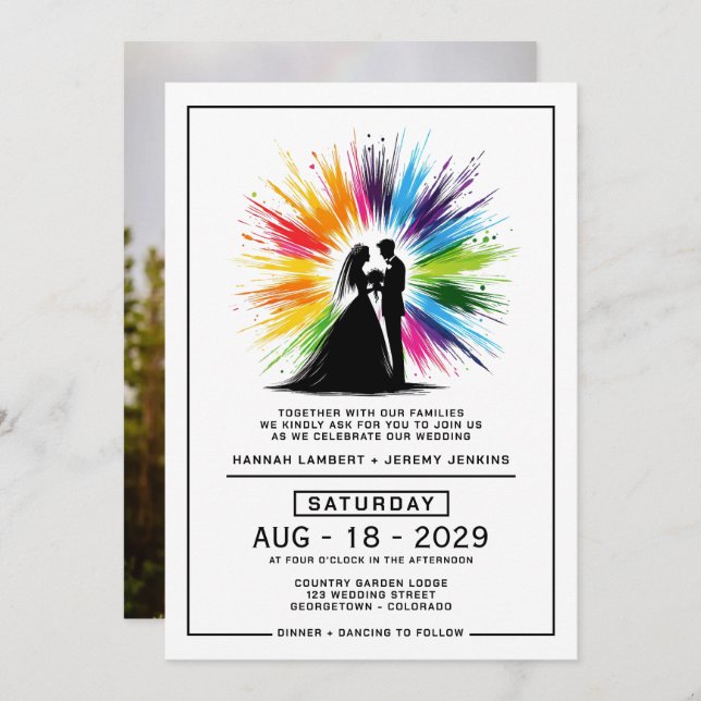 Bride and Groom Rainbow Burst Wedding Invitation (Front/Back)