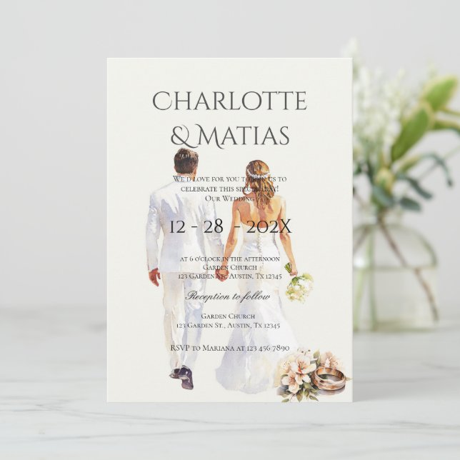 bride and groom silhouette Boho Floral Wedding  Invitation (Standing Front)