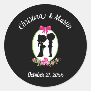 Bride and Groom Silhouettes with Names Classic Round Sticker