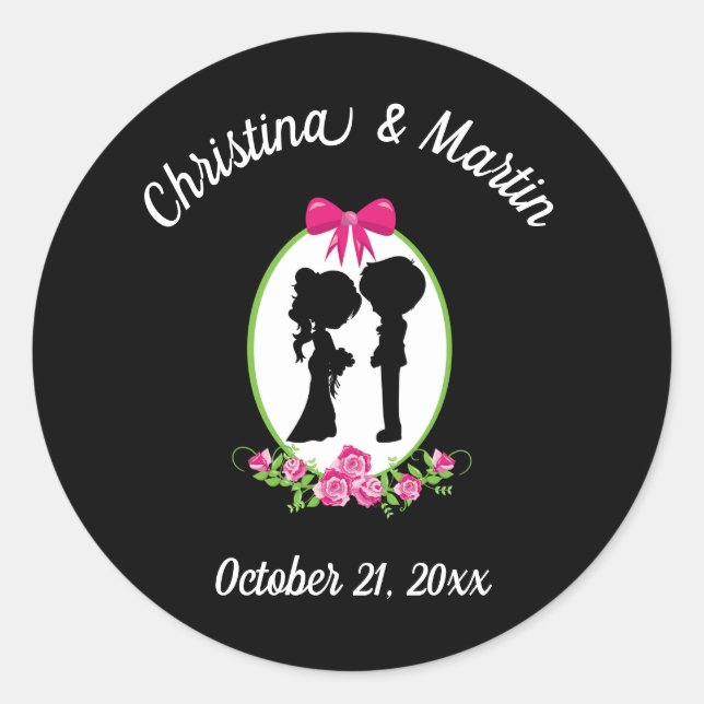 Bride and Groom Silhouettes with Names Classic Round Sticker (Front)