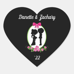 Bride and Groom Silhouettes with Names Year Heart  Sticker