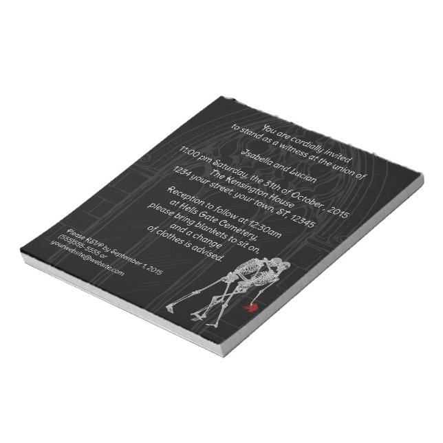 Bride and Groom Skeletons Goth Wedding Invitation Notepad (Rotated)