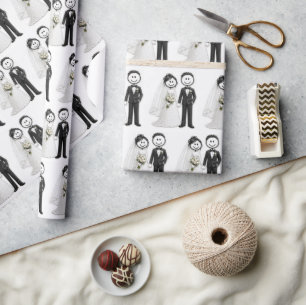 Bride and Groom Stick Figures Wrapping Paper