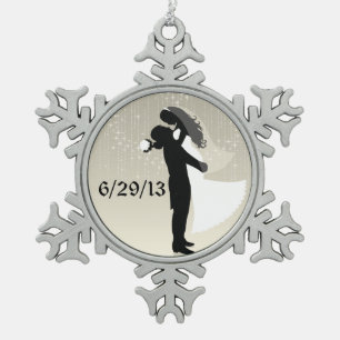 Bride and Groom Wedding Date Snowflake Pewter Christmas Ornament