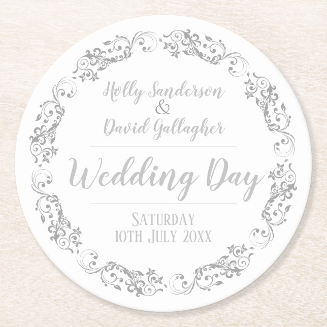 Bride and Groom Wedding Day Reception Round Paper Coaster (Front)