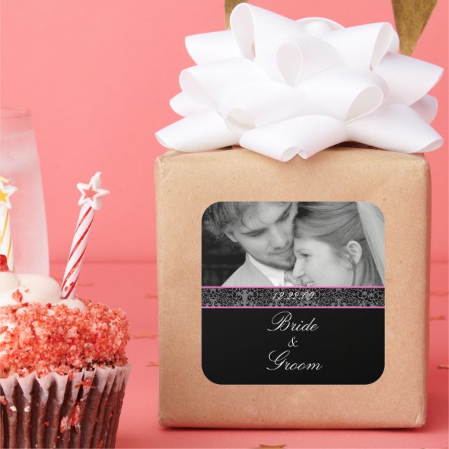Bride and Groom Wedding Pink Trim With Your Photo Square Sticker (Party)