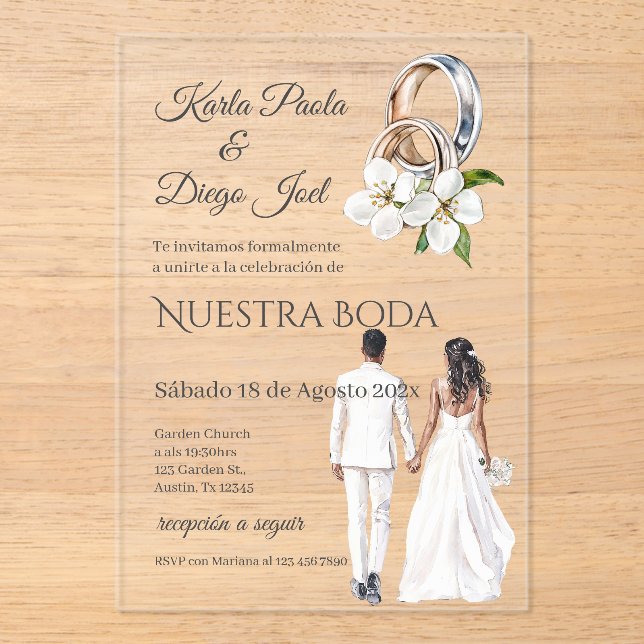 Bride and groom wedding with rings in Spanish Acrylic Invitations (Front)