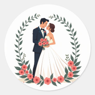 Bride and Groom with Floral Ring Classic Round Sticker