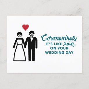 Bride and Groom with Mask   Like Rain Text Announcement Postcard