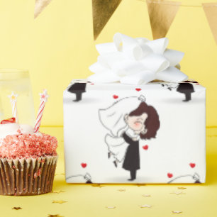 Bride And Groom with Red Hearts  Wrapping Paper