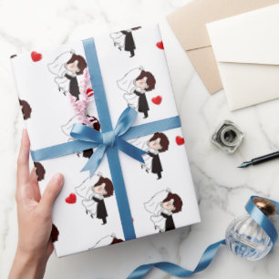 Bride And Groom with Red Hearts  Wrapping Paper