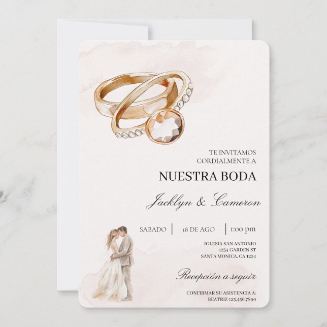 Bride and Groom with ring Spanish Wedding Invitation (Front)