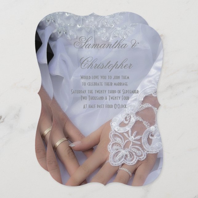 Bride and grooms hands and rings wedding invitation (Front/Back)
