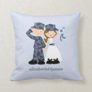 Bride and Soldier in Blue Camouflage Wedding Cushion