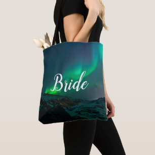 Bride Aurora Lights Script Elegant Wedding Tote Bag