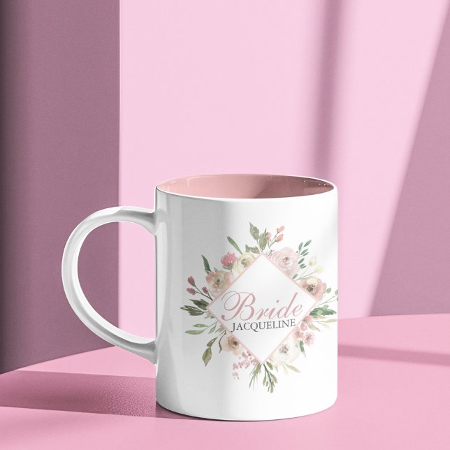 Bride Beautiful Blush Pink Floral Monogram Wedding Two-Tone Coffee Mug (Creator Uploaded)