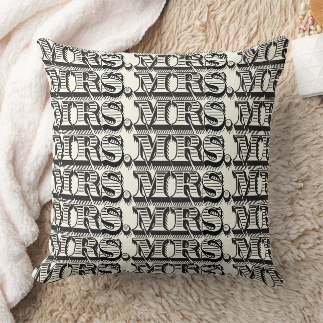 Bride Black and Ivory Mrs Typography Pattern Cushion (Blanket)