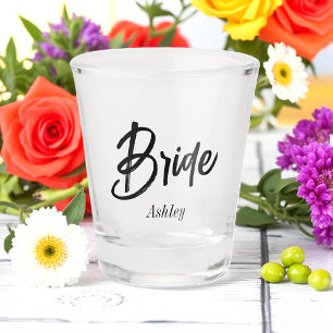 Bride Black White Script Wedding  Shot Glass